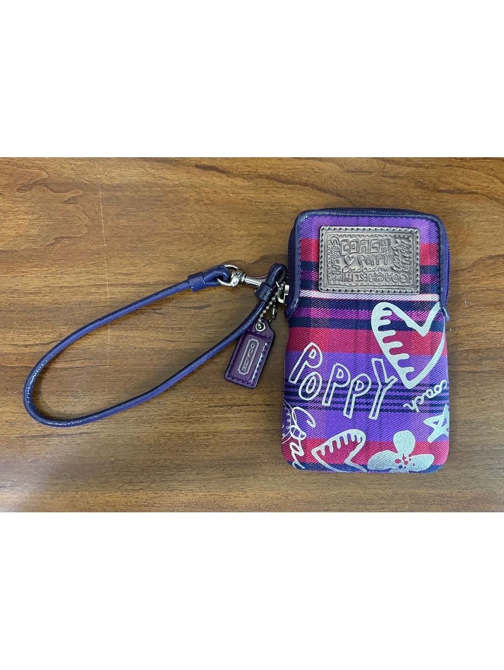 Coach Poppy Purple Plaid Tartan Graffiti Wristlet Wallet Y2K